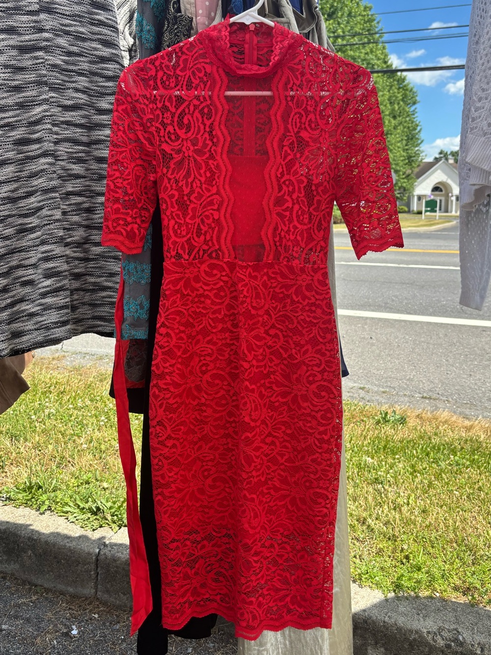 Express Red Lace Body Con Midi Dress